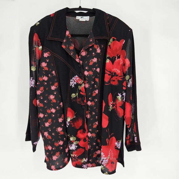 Tommy n Loulou Tops - Tommy n Loulou Vintage Floral Button Up Blouse Black Red Sheer Rayon Made in USA